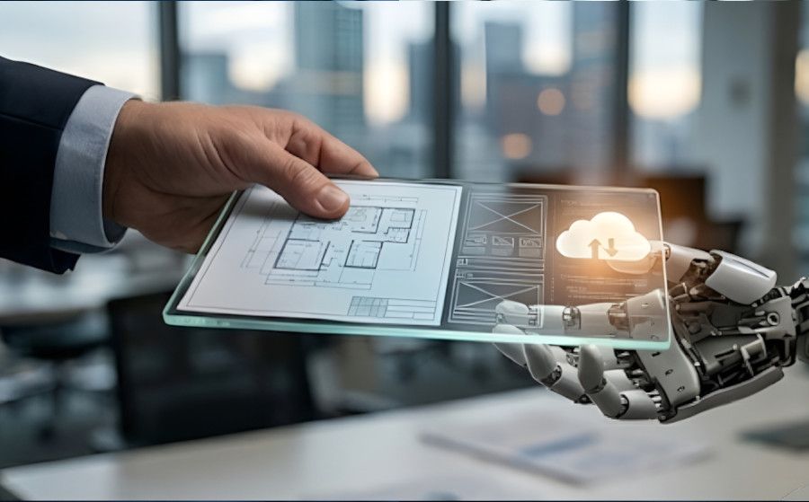 Human hand passing a blueprint to a robotic hand - symbolizing the partnership between domain expertise and technical execution